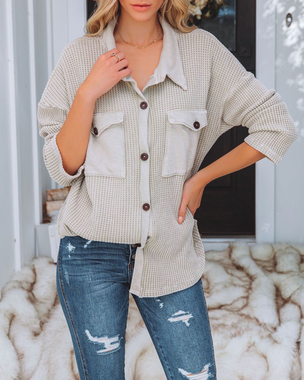 Allister Cotton Thermal Shacket - Stone