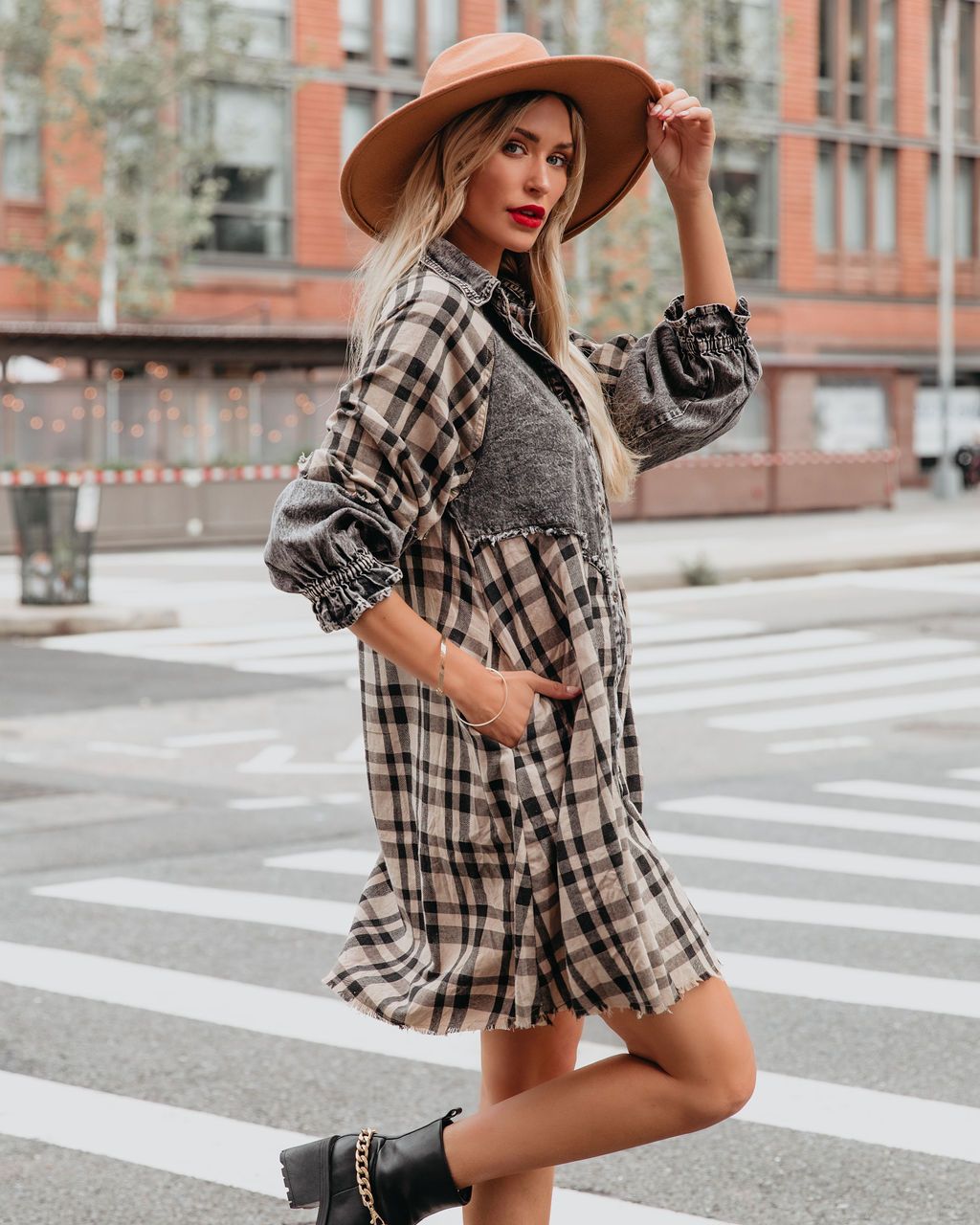 Chantye Pocketed Plaid Acid Wash Shirt Dress