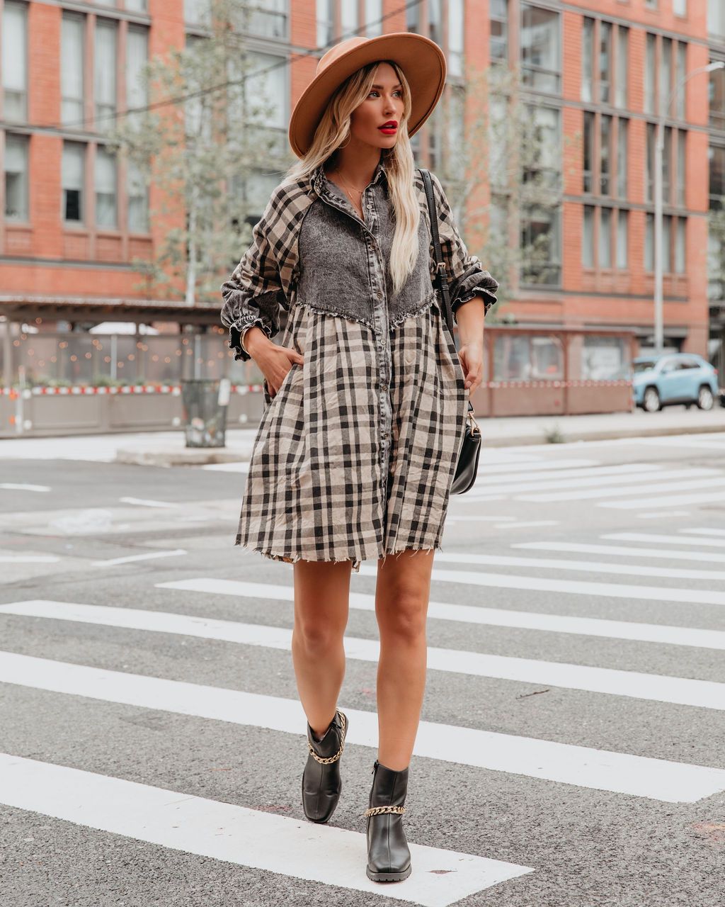 Chantye Pocketed Plaid Acid Wash Shirt Dress