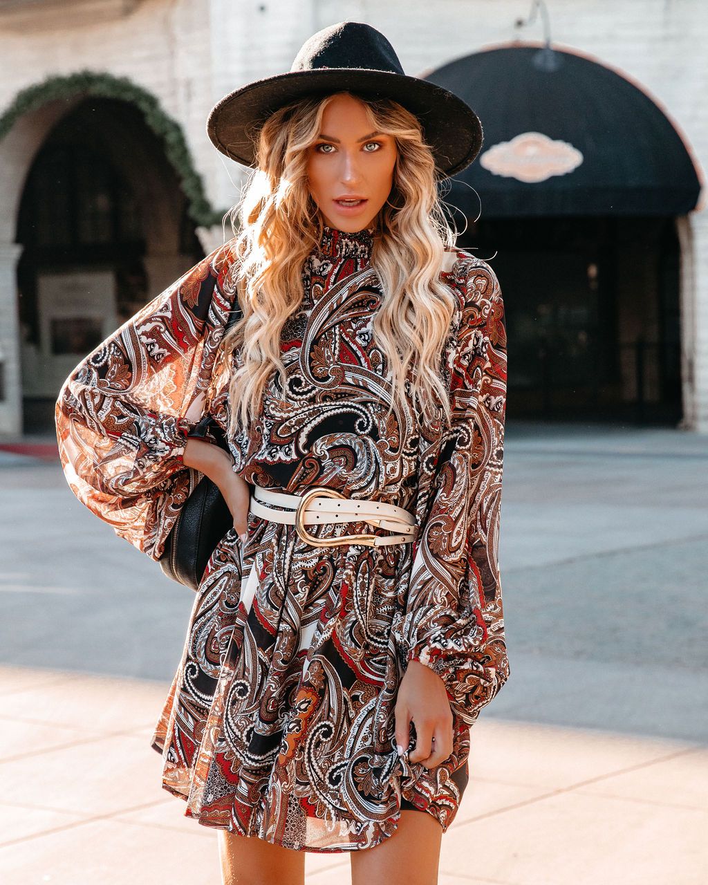 Quilo Paisley Balloon Sleeve Dress - Black Multi