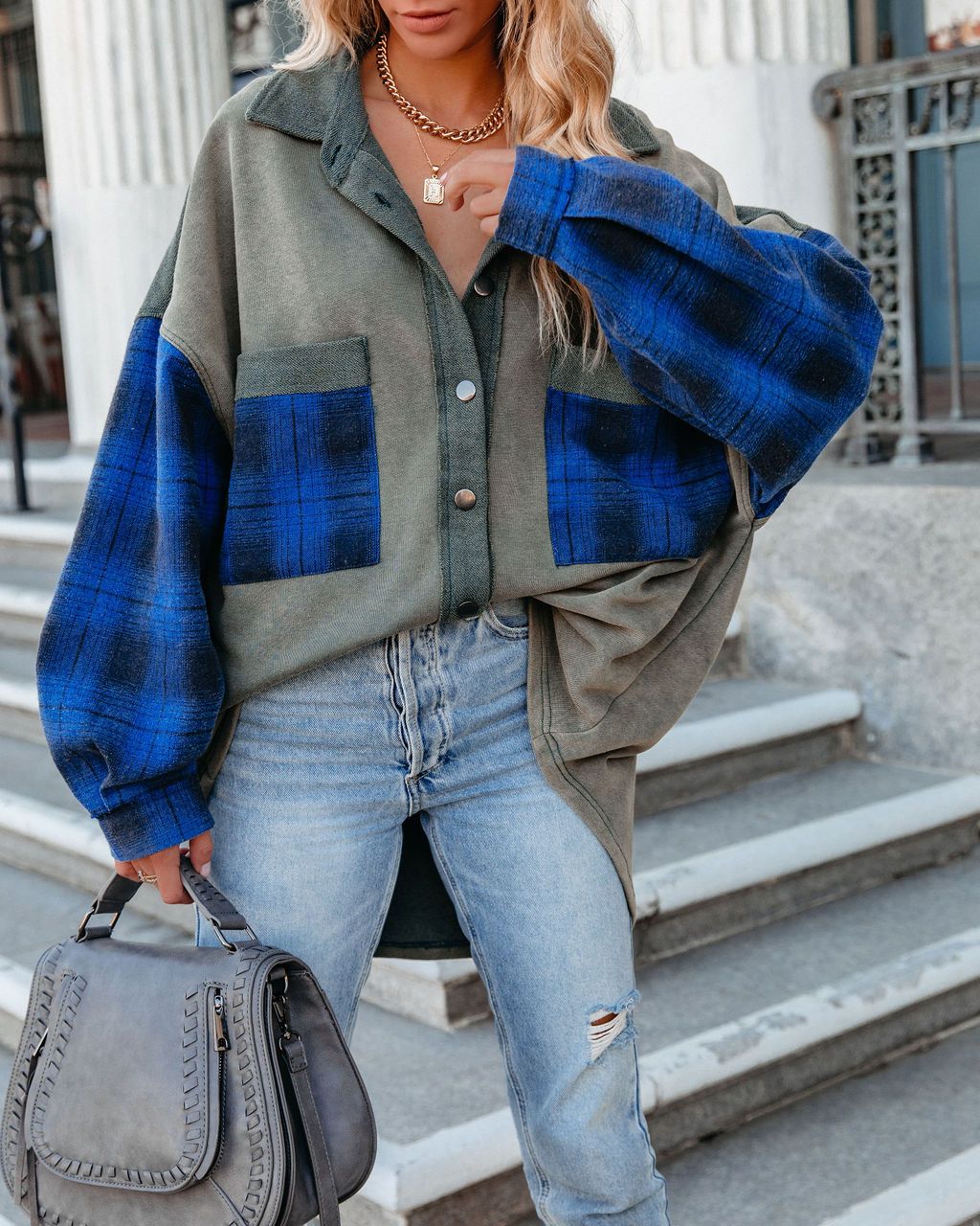 Taron Cotton Blend Contrast Plaid Shacket - Vintage Moss
